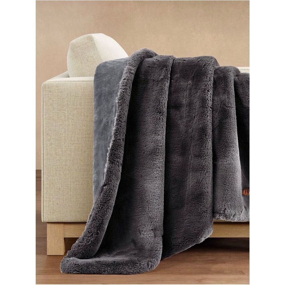 NEW FRYE FAUX FUR THROW Plush Blanket 60”x 70” Grey Cozy Comfy Machine Washable - Picture 7 of 7